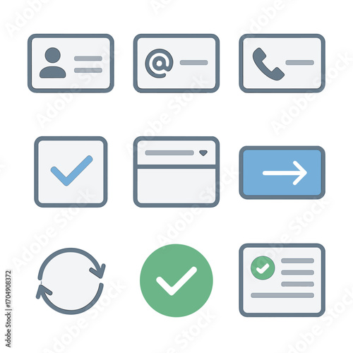 Contact Form Icon Set. Flat icon set of contact form UI elements: name field, email input, phone input,