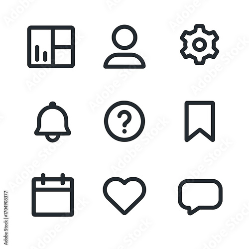 Modern Tab Bar Icons. Flat icon set of tab bar icons: dashboard, profile, settings, notifications, help center