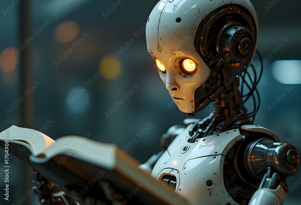 Fototapeta premium Futuristic ai robot reading a book concept art, artificial intelligence and learning