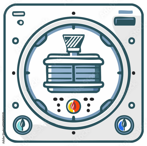 Stylized illustration of a cooking appliance with dials and a circular display