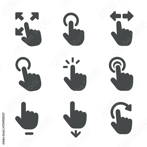 Interaction Icon Set. Flat icon set of interaction indicators: drag and drop, swipe, pinch zoom, hover, click,