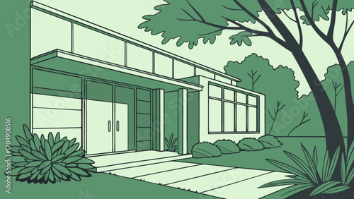 Modern house exterior design with landscaping and trees illustration for architecture projects