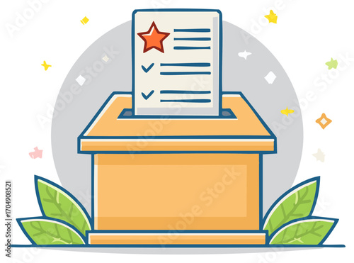 A cartoon illustration showing a ballot paper with a star being inserted into a secure voting box