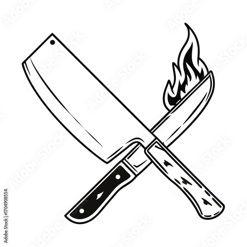 Black Silhouette Vector of Knife and Cleaver with Plate
