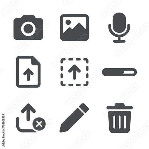 Media Upload Icons. Flat icon set of media upload UI: camera, gallery, microphone, file upload, drag and drop,