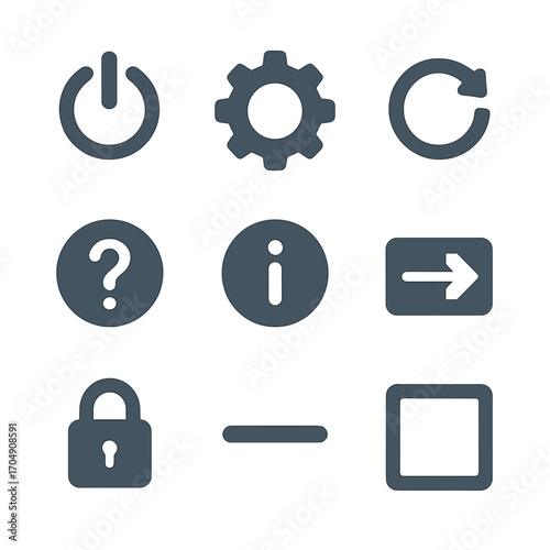 System Control Icons. Flat icon set of system controls: power button, settings gear, refresh, help, info,