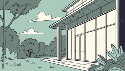 Illustration of modern house exterior design with garden landscape and architectural style view