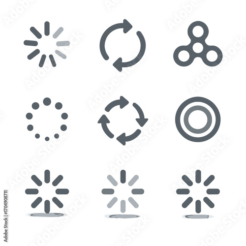 Spinner Icons Collection. Flat icon set of spinner icons: rotating spinner, double spinner, triple spinner,