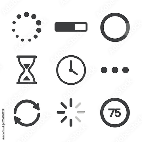Loader Icon Set. Flat icon set of loaders and progress indicators: spinning circle, loading bar, progress ring