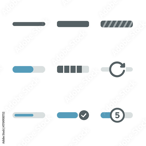 Progress Bar Icons. Flat icon set of horizontal progress bars: thin bar, thick bar, striped bar, gradient bar,