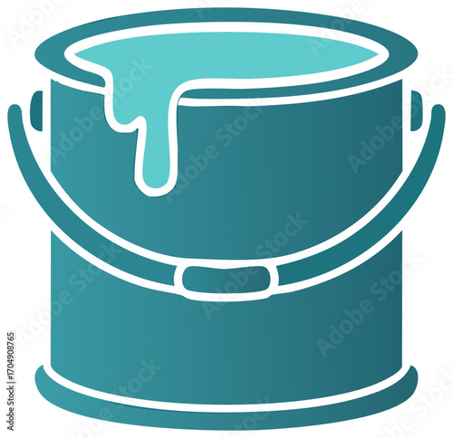 Teal paint bucket with dripping turquoise paint and a white outline on a clean backdrop