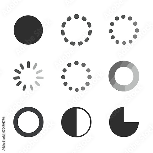 Buffering Circle Icons. Flat icon set of buffering circles: solid circle, dashed circle, dotted circle,
