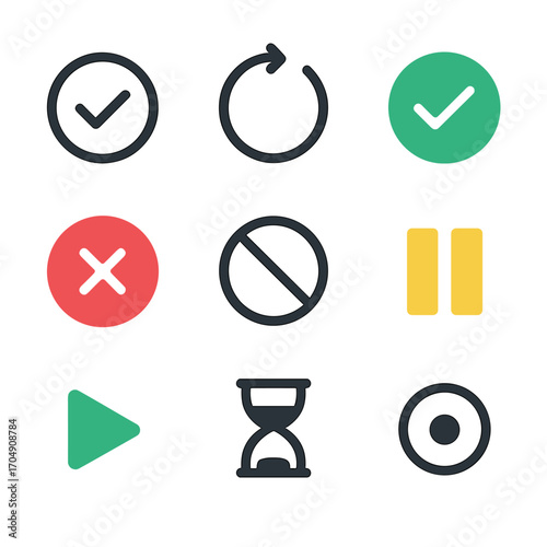 Progress Status Icons. Flat icon set of progress status symbols: pending, in progress, completed, failed,