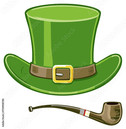 St Patrick's Day Green Leprechaun Hat and a Classic Smoking Pipe Vector Illustration