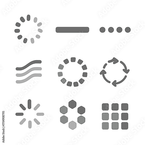 Buffering Icons Set. Flat icon set of buffering indicators: buffering circle, buffering bar, buffering dots,
