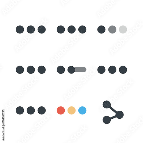 Loading Dots Icons. Flat icon set of loading dots: three dots, bouncing dots, fading dots, pulsing dots,