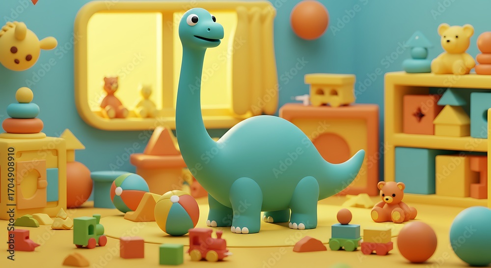 Naklejka premium Dinosaur Toy in a Playroom with Blocks, Teddy Bear and Toy Train