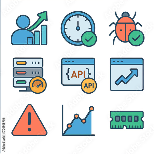 Tech Stats Icon Set. Flat icon set of tech and software stats: user growth, uptime, bugs fixed, server load,