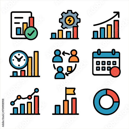 Productivity Chart Icons. Flat icon set of productivity charts: task completion, efficiency, output rates,