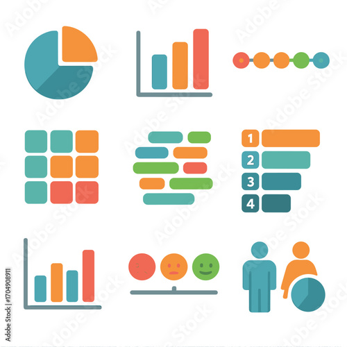 Survey Visualization Icons. Flat icon set of survey visualization: pie chart, bar graph, Likert scale, heatmap