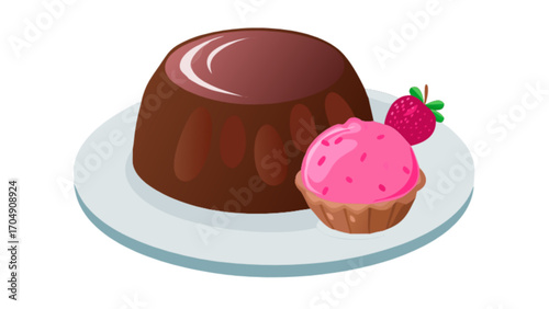 Delicious chocolate pudding dessert recipe with strawberry and cupcake bakery item food sweets