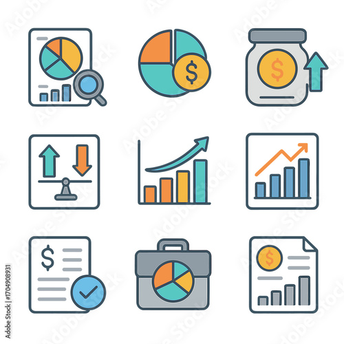 Finance Icons Grid. Flat icon set of finance and budgeting charts: expense tracking, budget allocation,