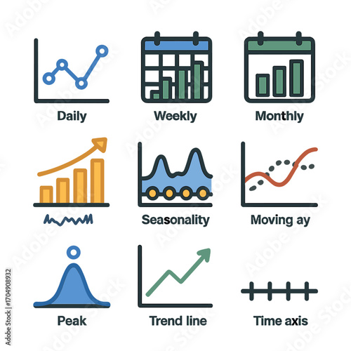 Time Series Icon Grid. Flat icon set of time series charts: daily trends, weekly reports, monthly data, annual