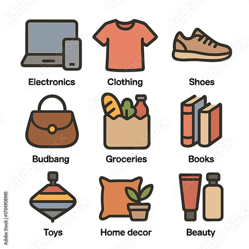 Product Icon Grid. Flat icon set of product types: electronics, clothing, shoes, accessories, groceries, books