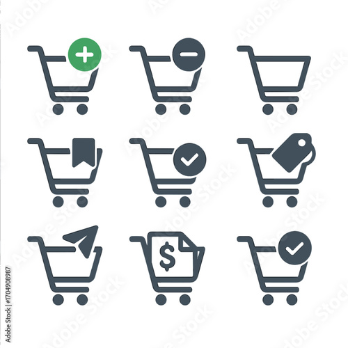 Shopping Cart Icon Set. Flat icon set of shopping cart actions: add item, remove item, update quantity, save