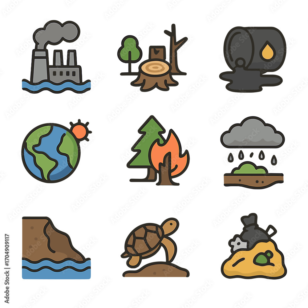 Fototapeta premium Environmental Hazards Icons. Flat icon set of environmental hazards: pollution, deforestation, oil spill,