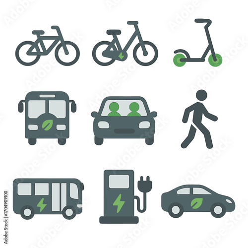 Eco Transport Icons. Flat icon set of eco transport: bicycle, electric bike, electric scooter, public transit,