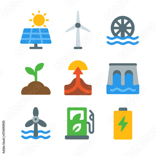 Renewable Energy Icons. Flat icon set of renewable resources: solar panel, windmill, water turbine, biomass,