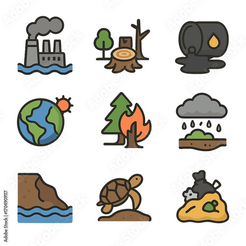 Environmental Hazards Icons. Flat icon set of environmental hazards: pollution, deforestation, oil spill,