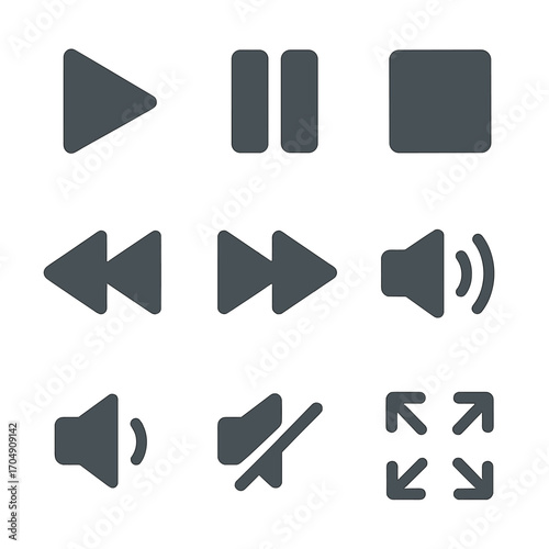 Multimedia Icon Grid. Flat icon set of multimedia icons: play button, pause button, stop button, rewind, fast