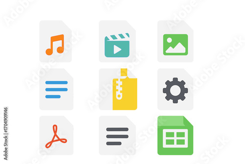 File Type Icons. Flat icon set of file types and formats: audio file, video file, image file, document file,