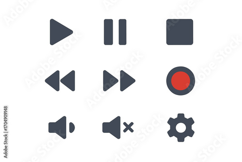 Multimedia Control Icons. Flat icon set of multimedia controls: play, pause, stop, rewind, fast forward,