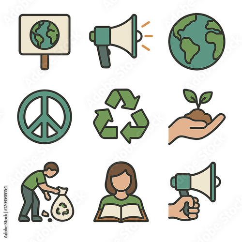Environmental Activism Icons. Flat icon set of environmental activism: protest sign, megaphone, globe, peace
