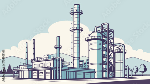 Illustration of industrial factory plant with refinery processing and manufacturing complex view vector