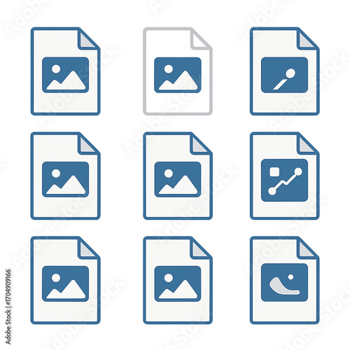 Image Format Icons. Flat icon set of image formats: JPG, PNG, GIF, BMP, TIFF, SVG, RAW, HEIC, WEBP.
