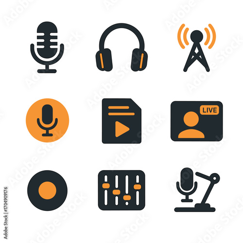 Podcast Radio Icons. Flat icon set of podcast and radio: microphone, headphones, radio tower, sound waves,