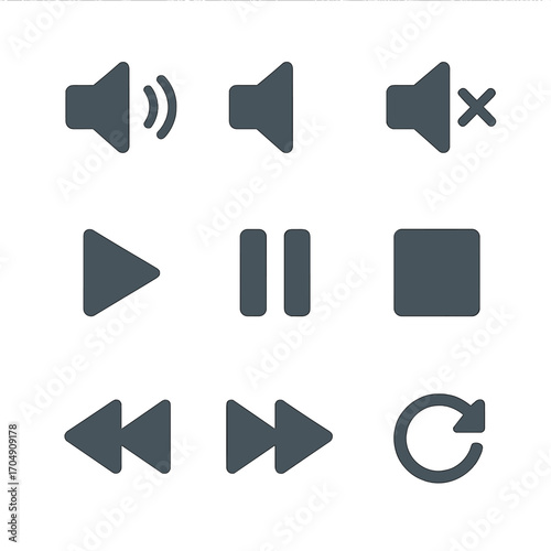 Media Control Icons Grid. Flat icon set of media playback controls: volume up, volume down, mute, play, pause,