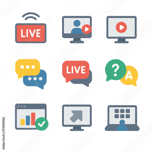 Live Media Icon Set. Flat icon set of live media: live broadcast, webinar, online streaming, chat room, live