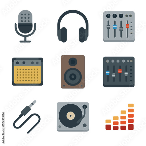 Audio Equipment Icons. Flat icon set of audio equipment: microphone, headphones, mixer, amplifier, speaker,