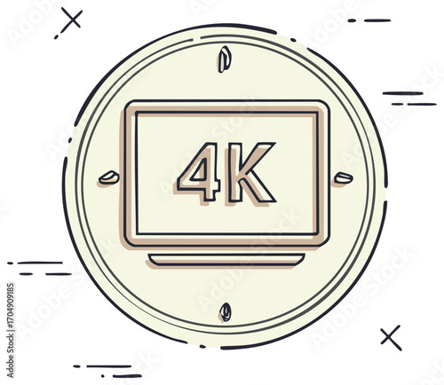Minimalist 4K TV screen illustration, high definition video technology icon in a sketched circle