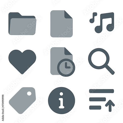 Media Library Icons. Flat icon set of media library: folder, file, playlist, favorites, recent files, search,