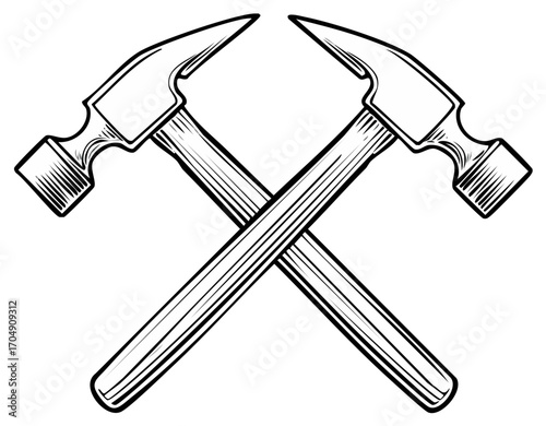 Two Crossed Hammers Black and White Line Art Illustration Tool Graphic Construction Repair Carpentry