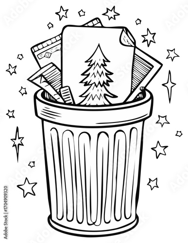 Hand drawn illustration of a waste bin filled with paper documents and a festive Christmas tree drawing surrounded by sparkling stars