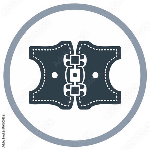 Stylish leather closure icon featuring a central metallic buckle and detailed decorative stitching