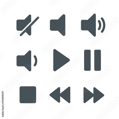 Audio-Video Control Icons. Flat icon set of audio and video switches: mute, unmute, volume up, volume down,
