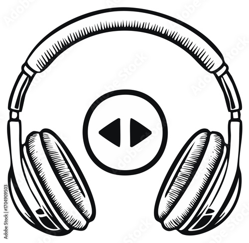 Illustration of headphones with play button for music listening concept